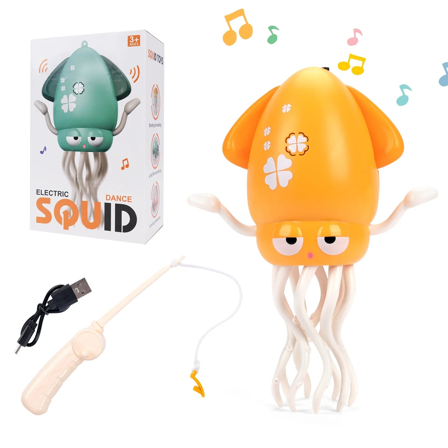 Orange plastic dance squid toy with white tentacles and clover decals for toddler interactive toys and crawling toys toddler