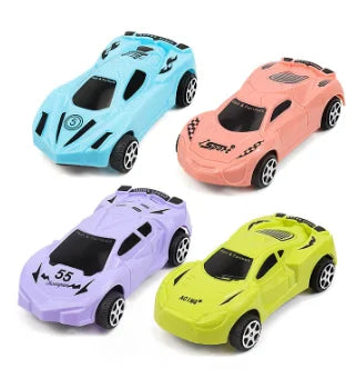 Four colorful toy sports cars with sleek design and black windows featured in a kid karaoke singing party birthday gift set