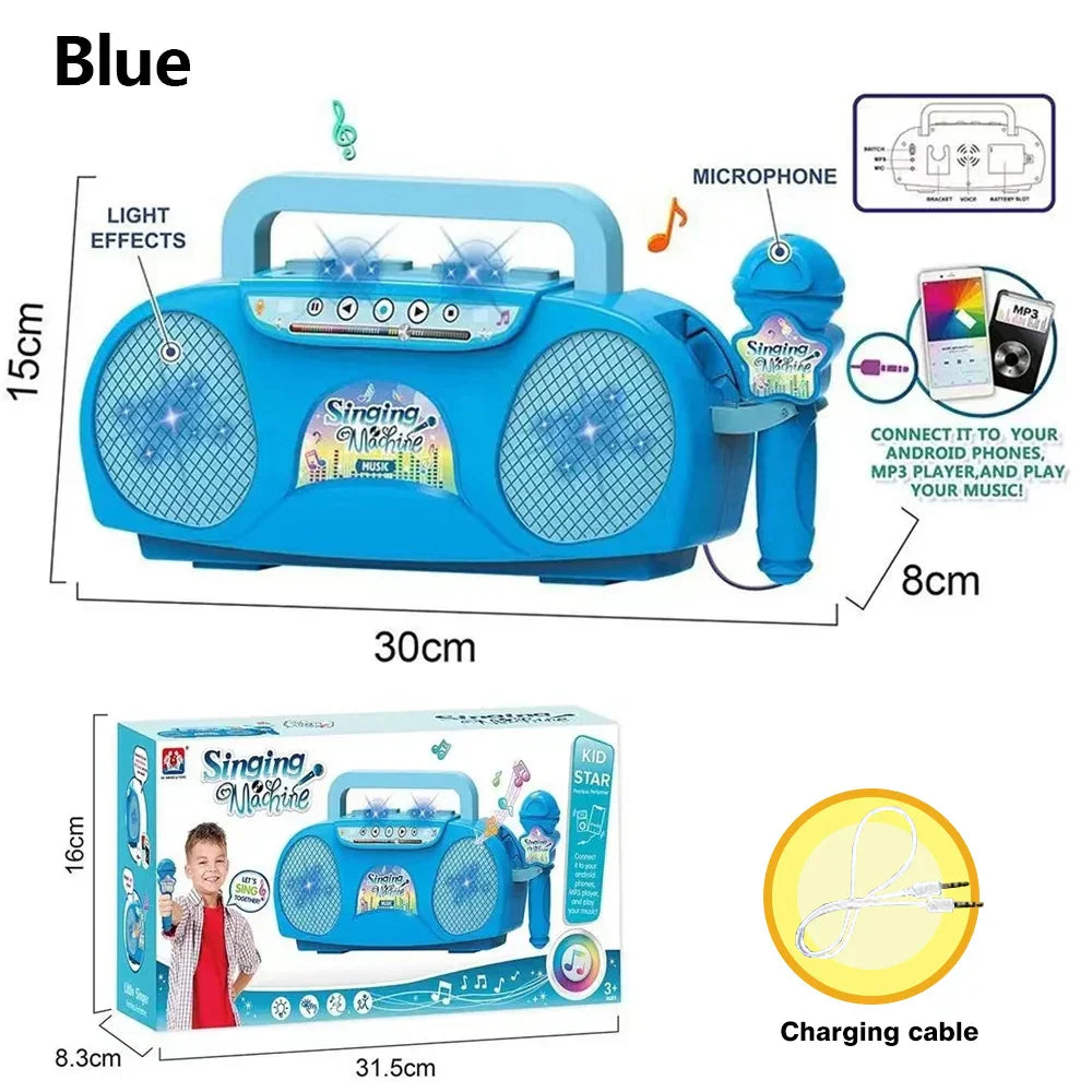 Blue plastic kid karaoke singing machine with microphone portable musical toy for party birthday gift use