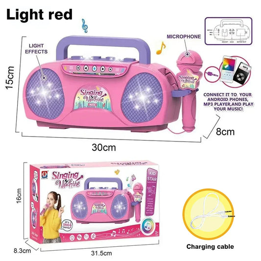 Pink and purple plastic kid karaoke singing machine with microphone portable musical for party birthday gift and educational use