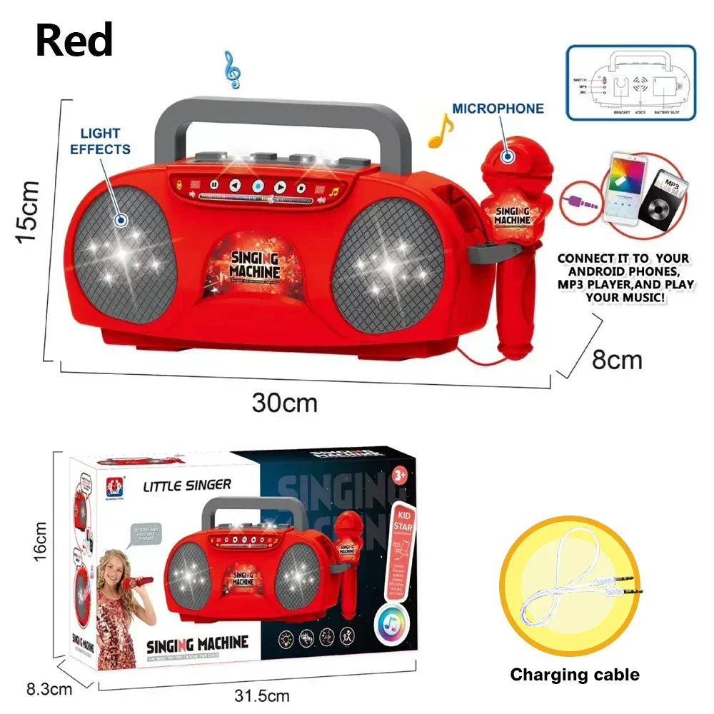 Red plastic kid karaoke singing machine with microphone portable musical and light effects for party birthday gift