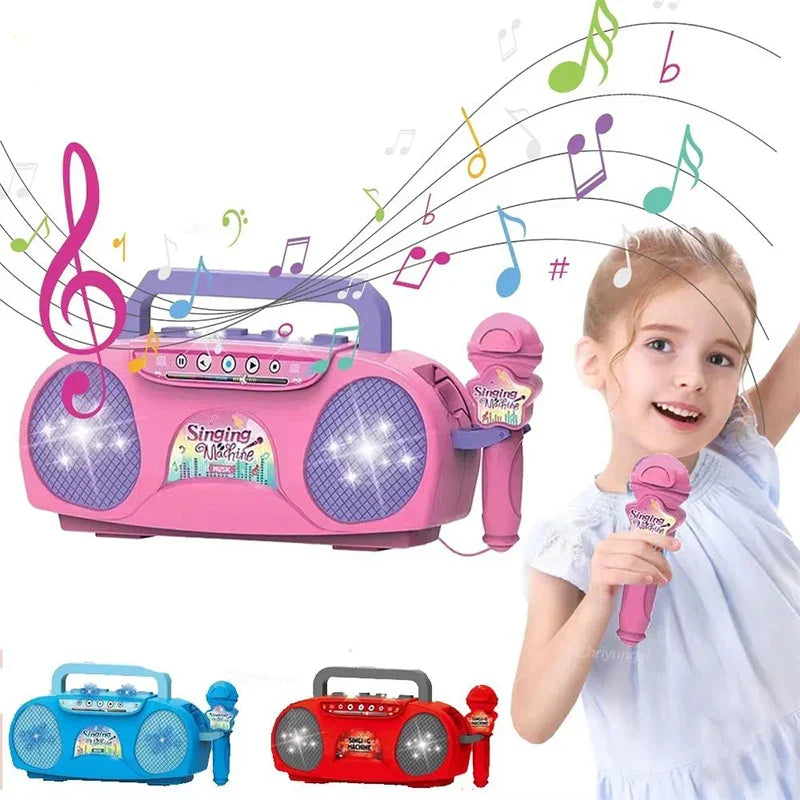 Pink plastic kid karaoke singing machine with purple accents microphone portable musical party birthday gift