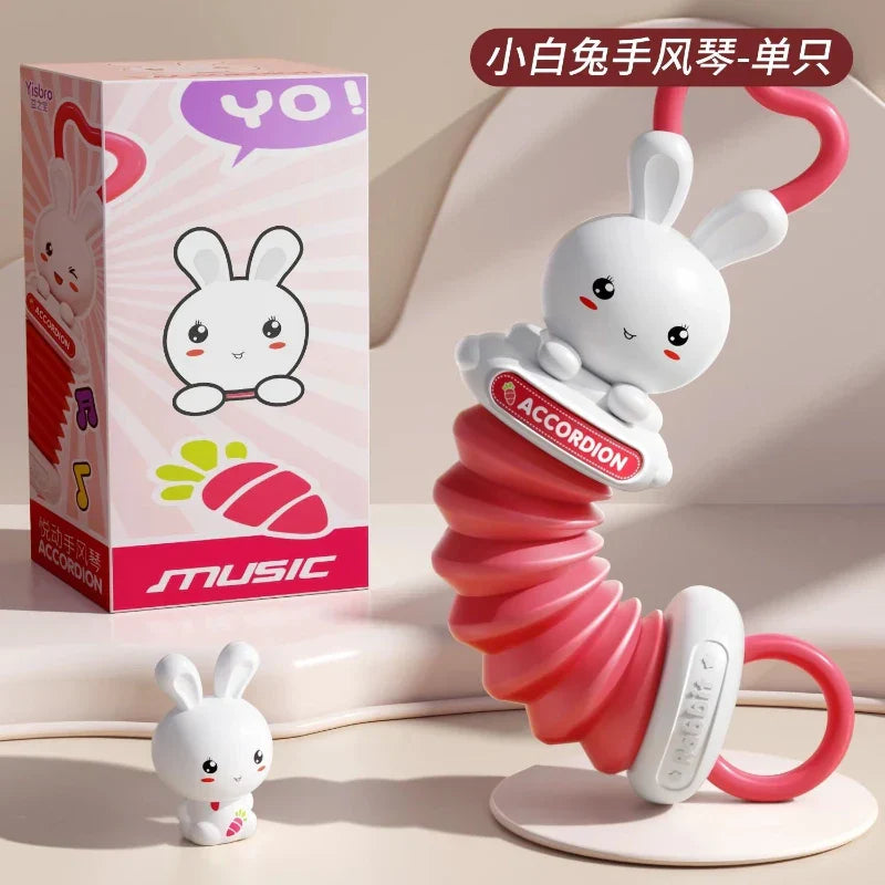 Pink and white collapsible kids accordion toy shaped like a rabbit with red accents for educational brain development and travel birthday gift