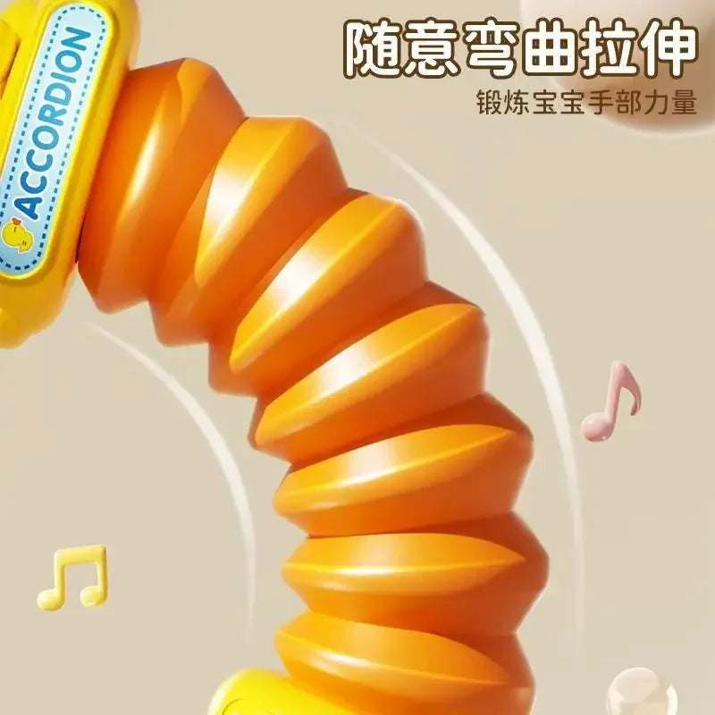 Bright orange flexible kids accordion toy with yellow handle labeled accordion for educational brain development and travel birthday gift