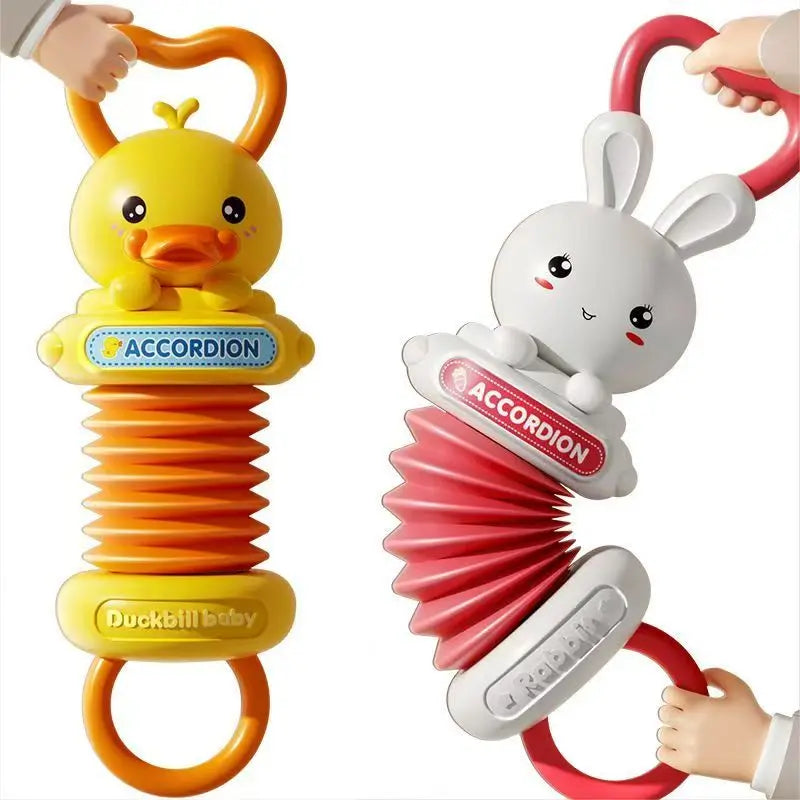 Yellow duck and white rabbit themed kids accordion toy with colorful springs for educational brain development and travel birthday gift