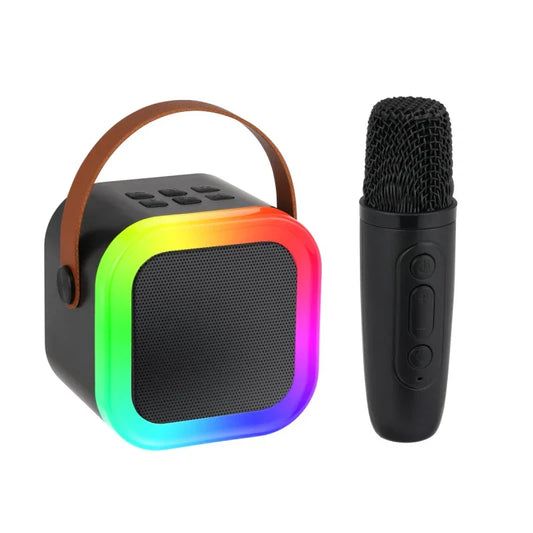 Black karaoke machine portable with rainbow led microphones rgb light and brown leather handle featuring light voice changer