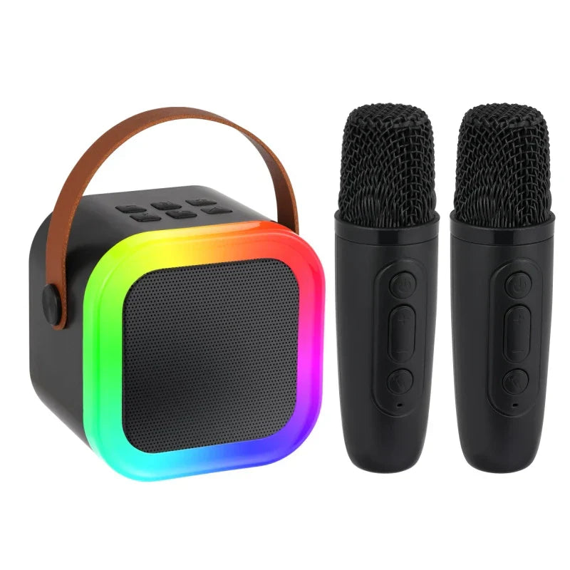 Black square karaoke machine portable with rainbow rgb light, brown leather handle, and two wireless microphones with voice changer