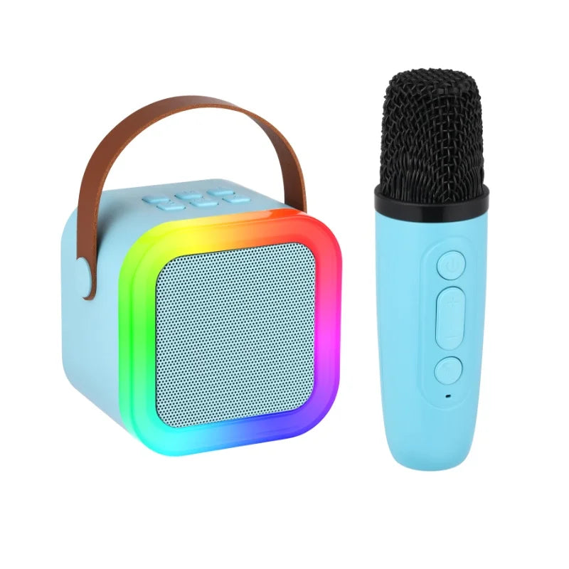 Light blue karaoke machine portable with microphones rgb light, light voice changer, and brown leather handle for parties