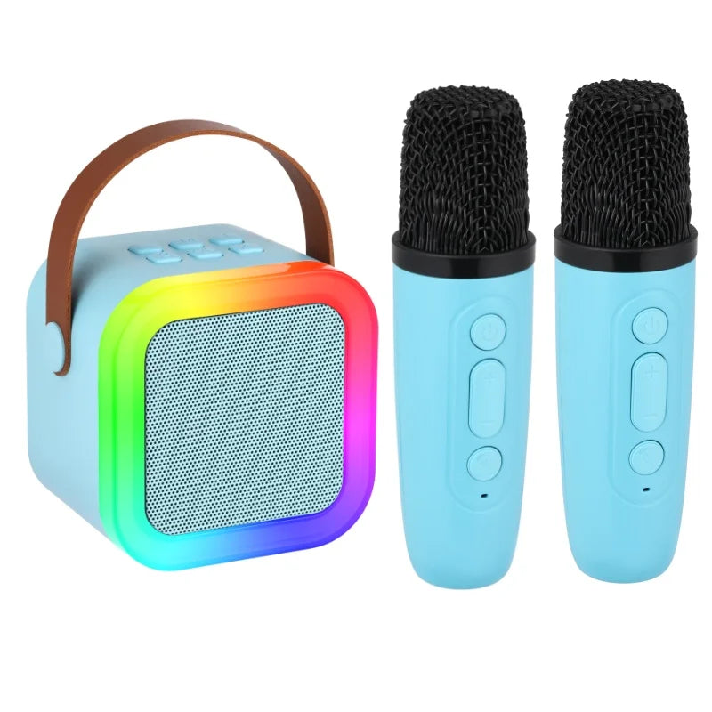 Light blue karaoke machine portable with brown leather handle, microphones rgb light, light voice changer for party gift