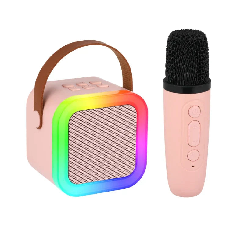 Pink wireless karaoke machine portable with brown leather handle microphones rgb light and light voice changer for party gift