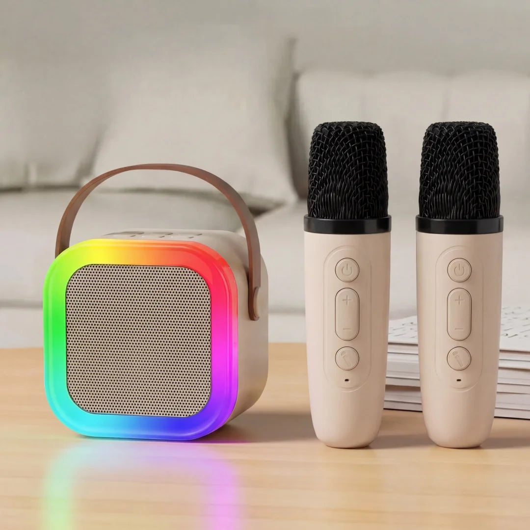 Beige karaoke machine portable with rainbow led rgb light, brown handle, and two matching beige microphones with light voice changer