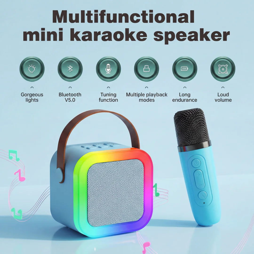 Light blue karaoke machine portable with brown leather handle microphones rgb light and light voice changer for party gift