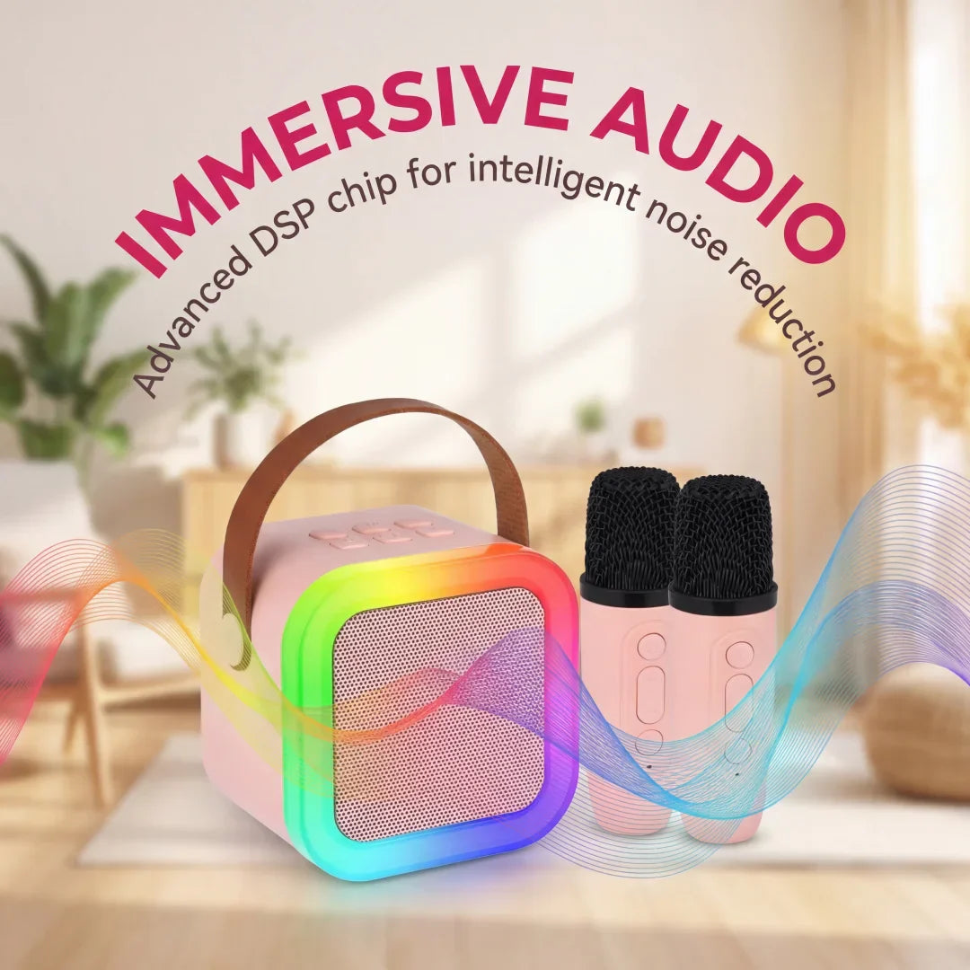 Pink karaoke machine portable with rainbow rgb light, brown handle, two matching pink microphones and light voice changer