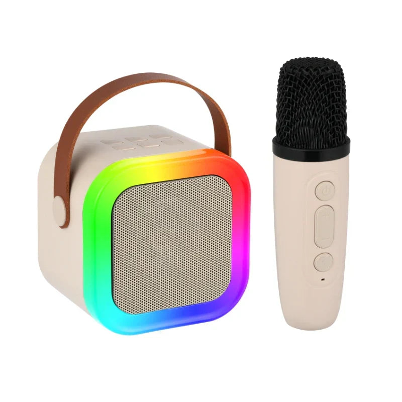 Cream-colored karaoke machine portable with rainbow led rgb light, brown leather handle, and matching cream wireless microphones