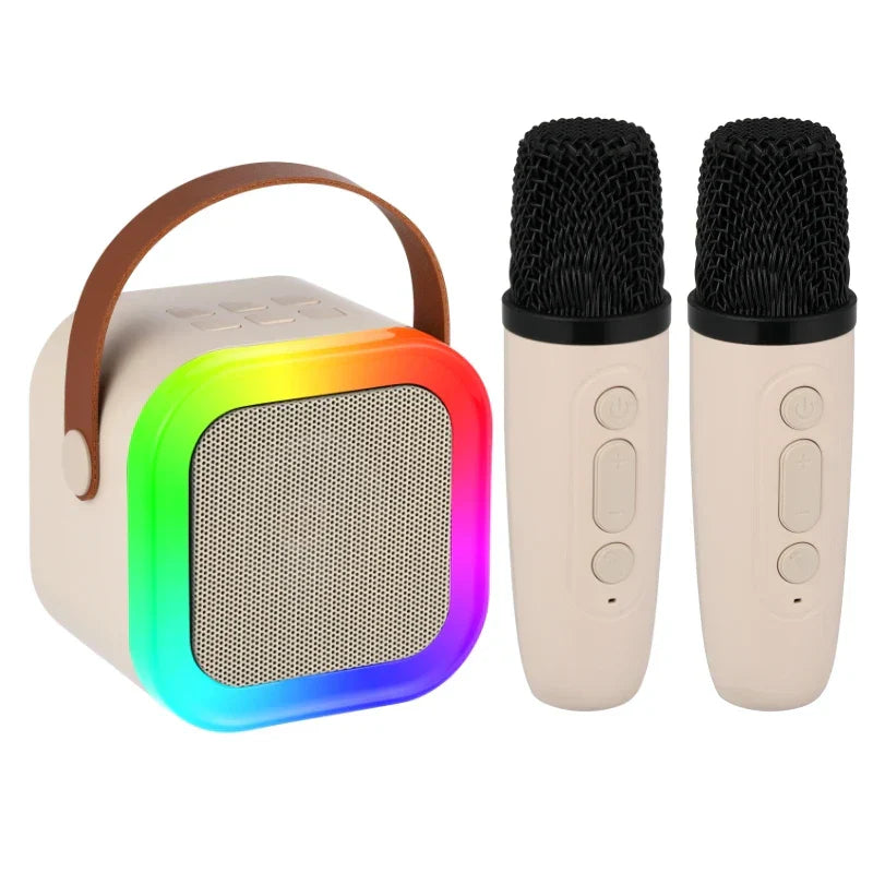 Cream-colored karaoke machine portable with rainbow rgb light ring brown leather handle and two microphones rgb light with voice changer