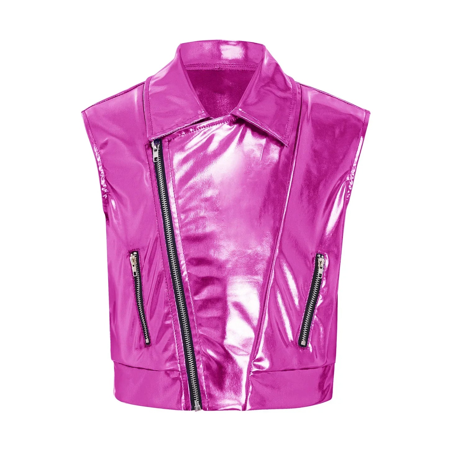 Shiny magenta vinyl zipper metallic jacket vest with collar and front pockets for kids hip hop jazz dance performance costume