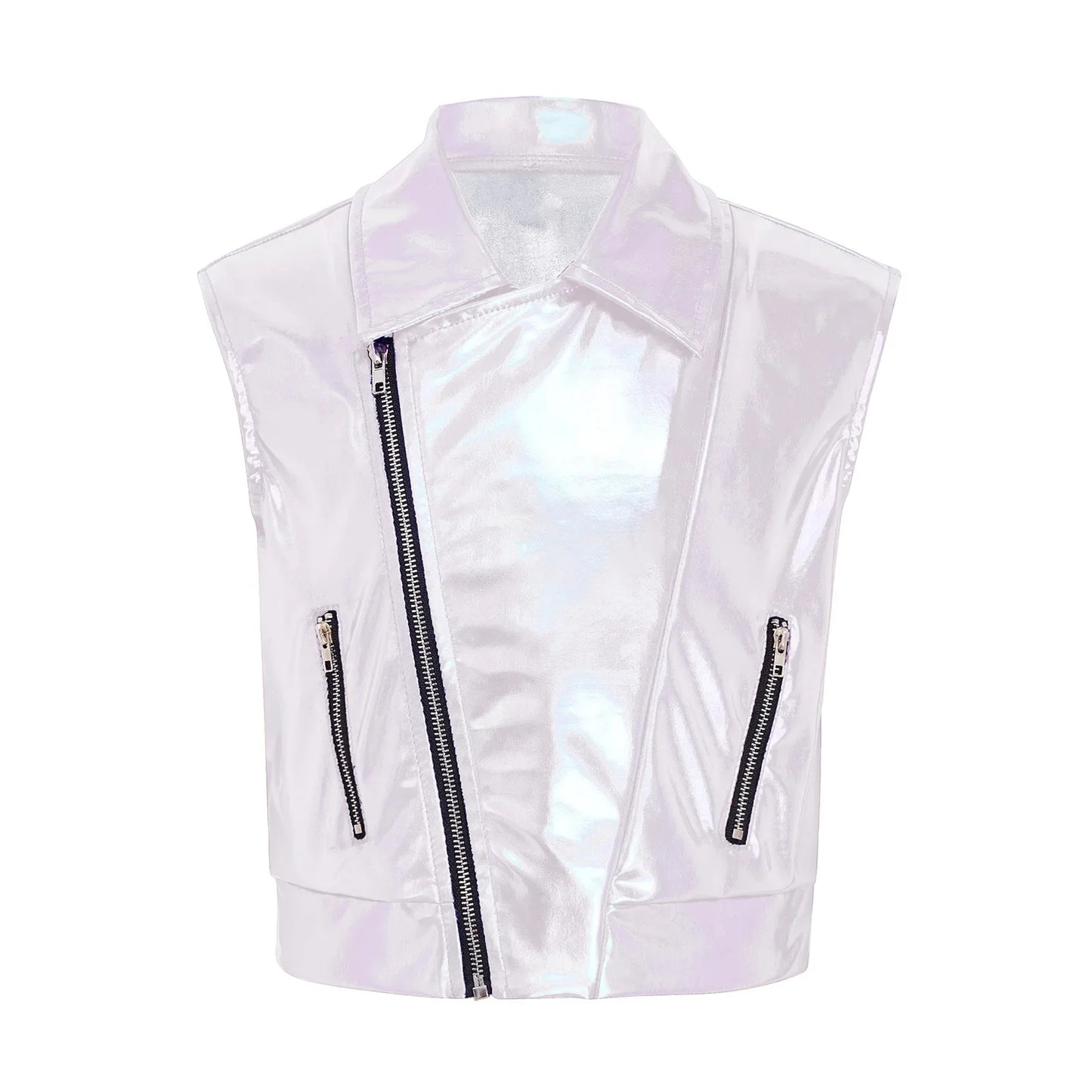 A shimmering white holographic kids hip hop jazz dance performance costume vest with black zipper metallic jacket details