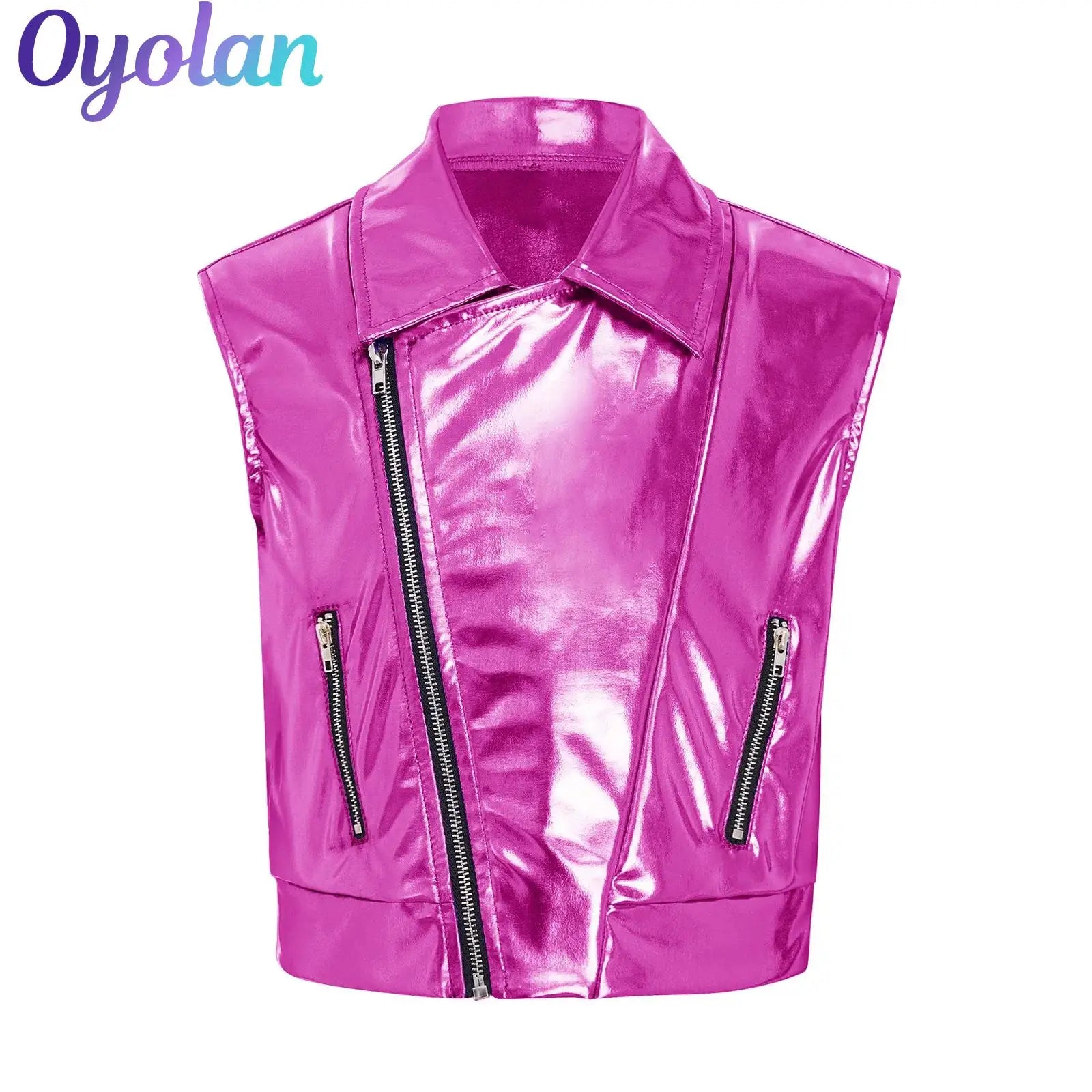 A shiny magenta metallic sleeveless jacket with collar and zippers for kids hop jazz dance performance costume