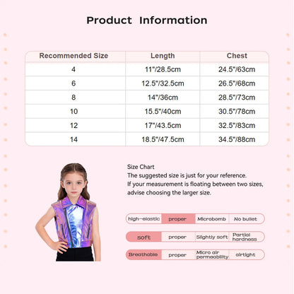 A shiny iridescent purple and blue sleeveless zipper metallic jacket for kids hip hop jazz dance performance costume