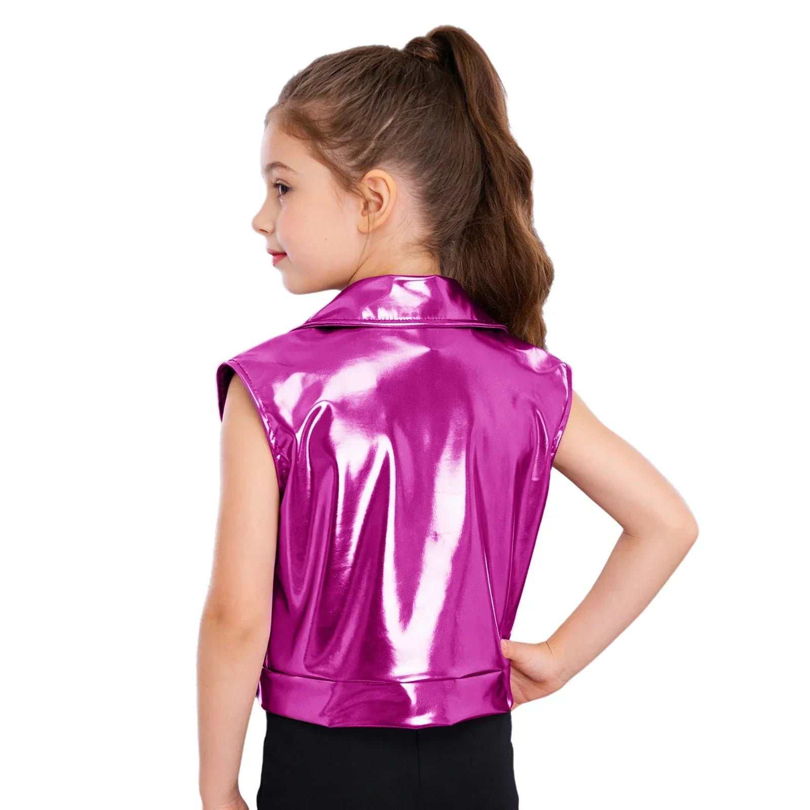 A shiny magenta sleeveless zipper metallic jacket vest with collar and elasticated hem for hip hop jazz dance performance costume