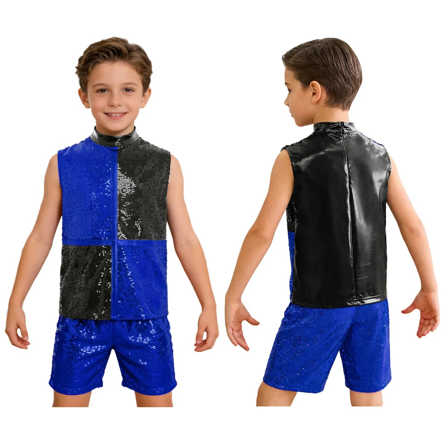 Blue and black sequined color block kids boys hip hop jazz dance outfit with high collar and back invisible zipper for dance performances