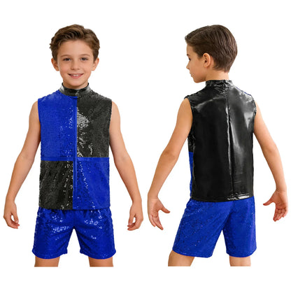 Blue and black sequined color block kids boys hip hop jazz dance outfit with high collar and back invisible zipper for dance performances