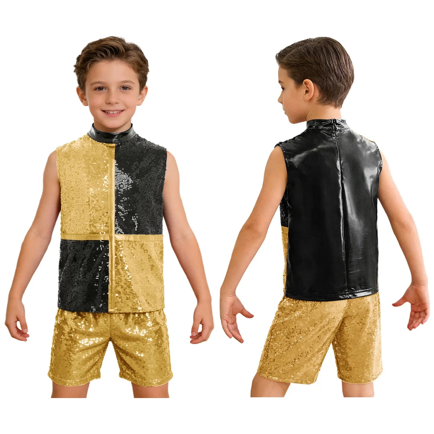 Kids boys hip hop jazz dance outfit with gold and black sequined color block top and shorts featuring back invisible zipper