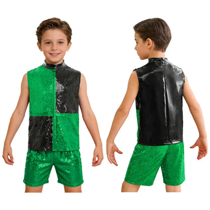 Green and black sequined kids boys hip hop jazz dance outfit with color block design and back invisible zipper for dance performances
