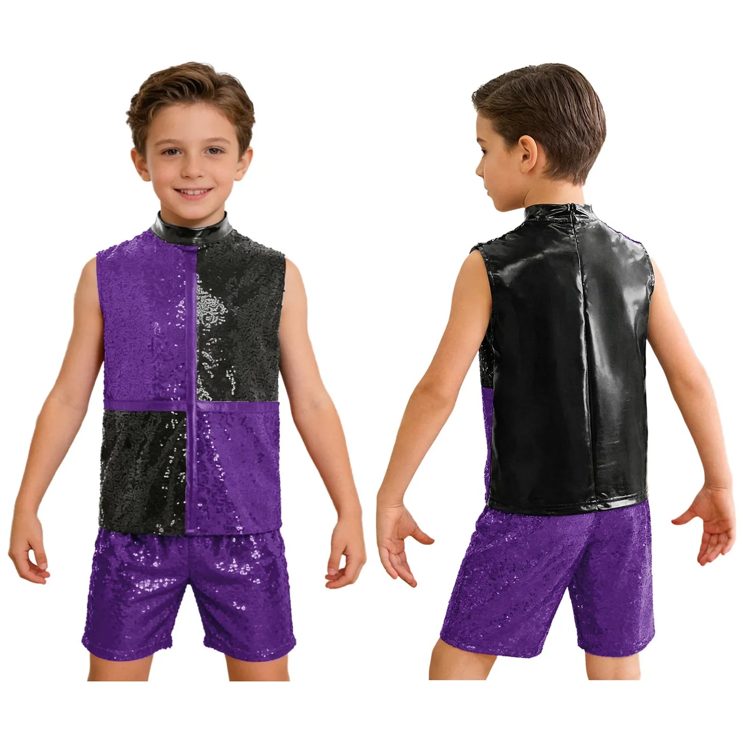 Kids boys hip hop jazz dance outfit with purple and black sequined color block vest and shorts featuring an invisible zipper