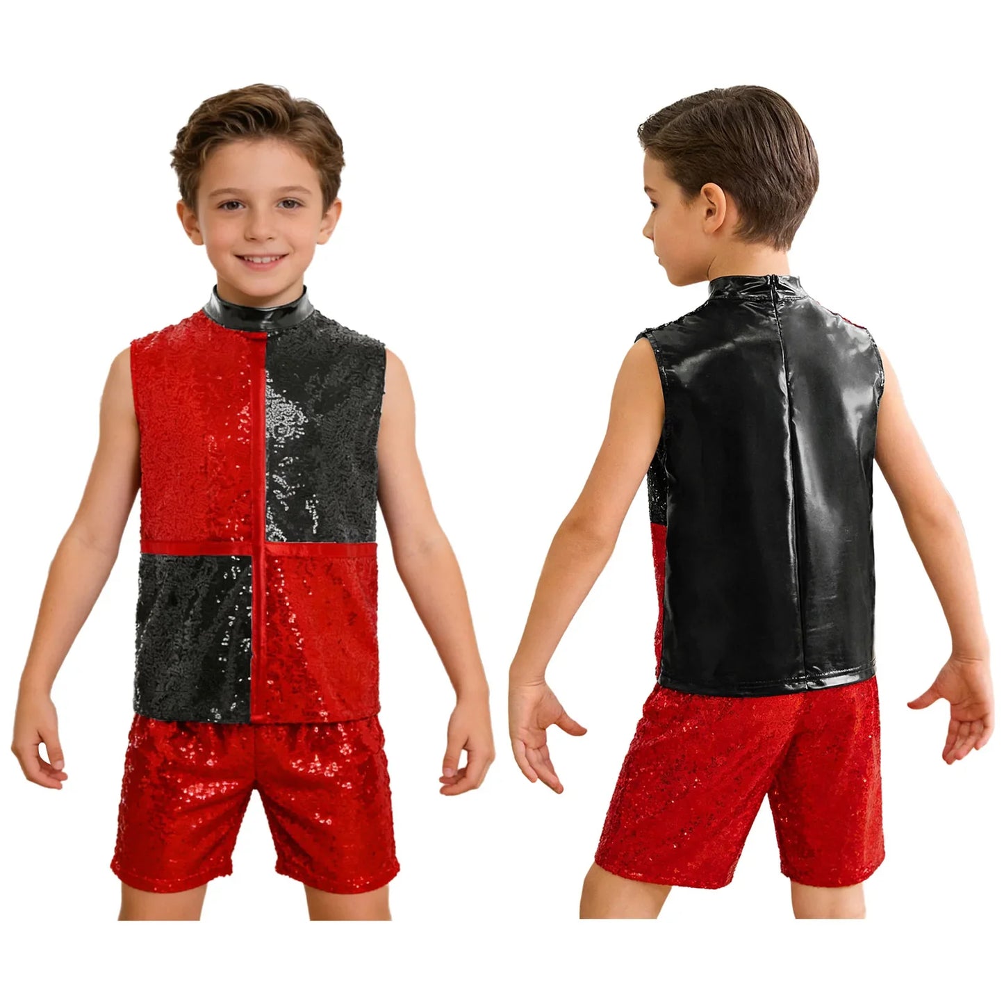 Kids boys hip hop jazz dance outfit with red and black sequined color block top and shorts featuring invisible zipper for dance performances