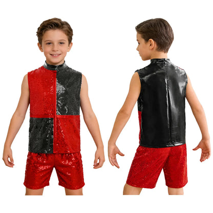 Kids boys hip hop jazz dance outfit with red and black sequined color block top and shorts featuring invisible zipper for dance performances