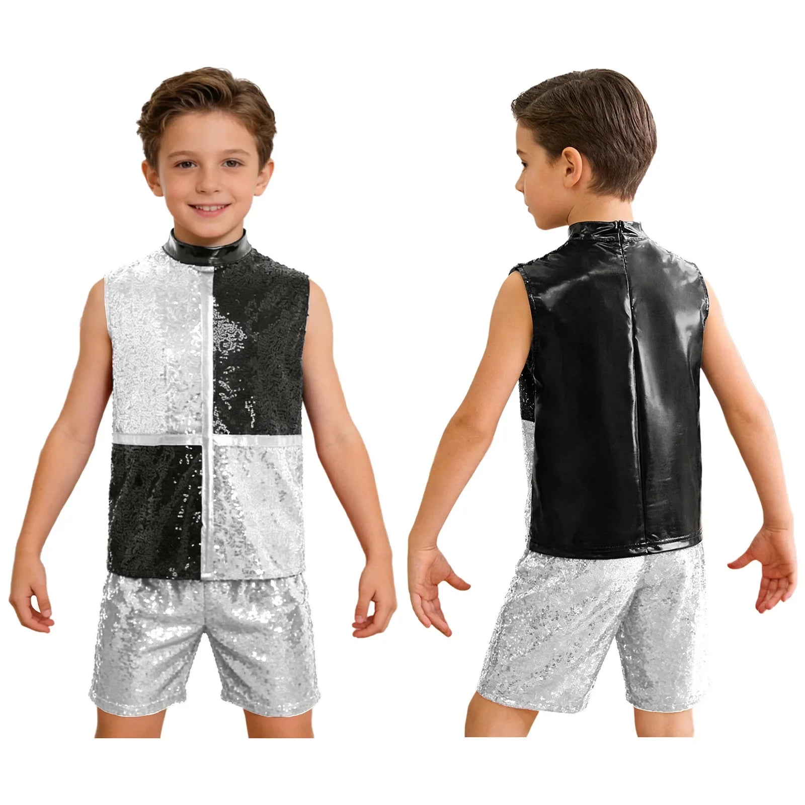 Kids boys hip hop jazz dance outfit with black and silver sequined color block top, invisible zipper, and matching shorts for dance performances