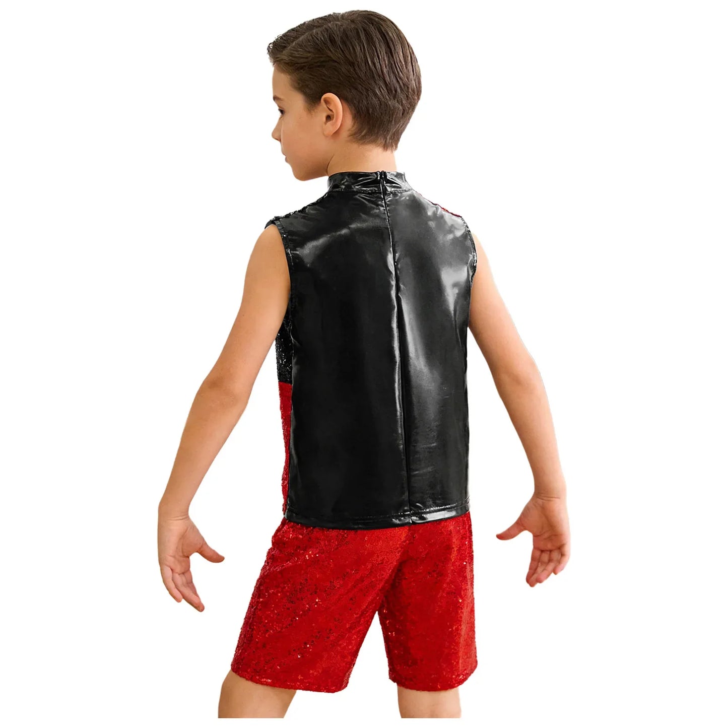 Kids boys hip hop jazz dance outfit with black shiny vinyl vest, red sequined color block shorts, and invisible zipper for dance performances