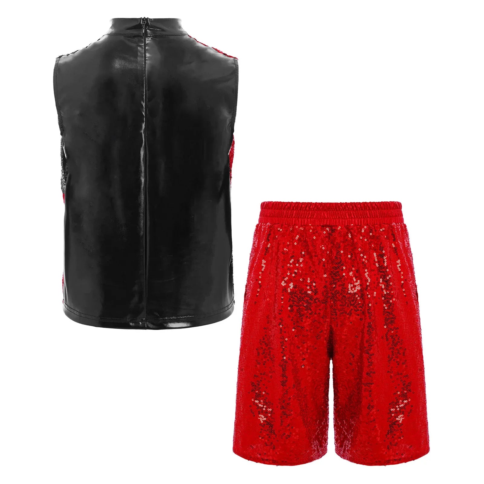 Back of kids boys hip hop jazz dance outfit with black glossy sleeveless top color block red sequin shorts and invisible zipper