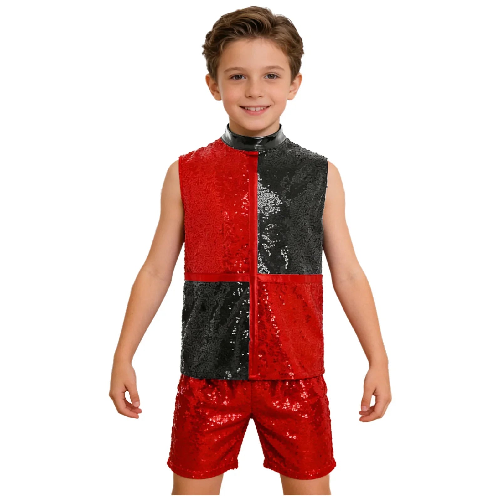 Kids boys hip hop jazz dance outfit with red and black sequined color block top and shorts featuring invisible zipper for dance performances