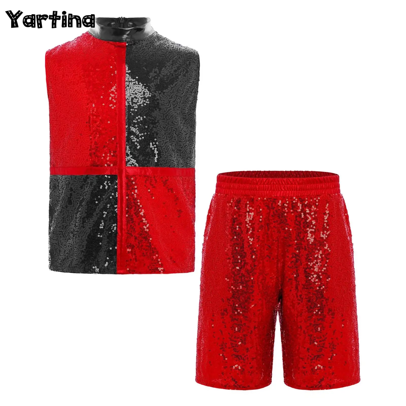 Kids boys hip hop jazz dance outfit with red and black sequined color block top and shorts featuring an invisible zipper for dance performances