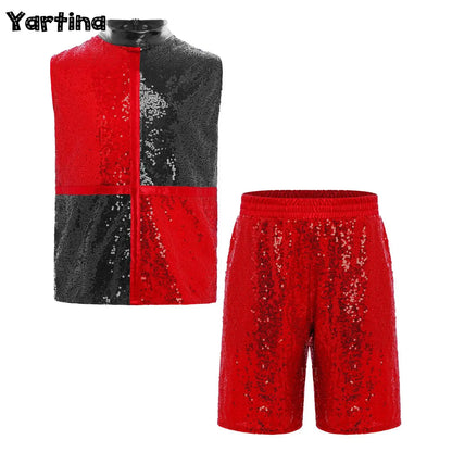 Kids boys hip hop jazz dance outfit with red and black sequined color block top and shorts featuring an invisible zipper for dance performances