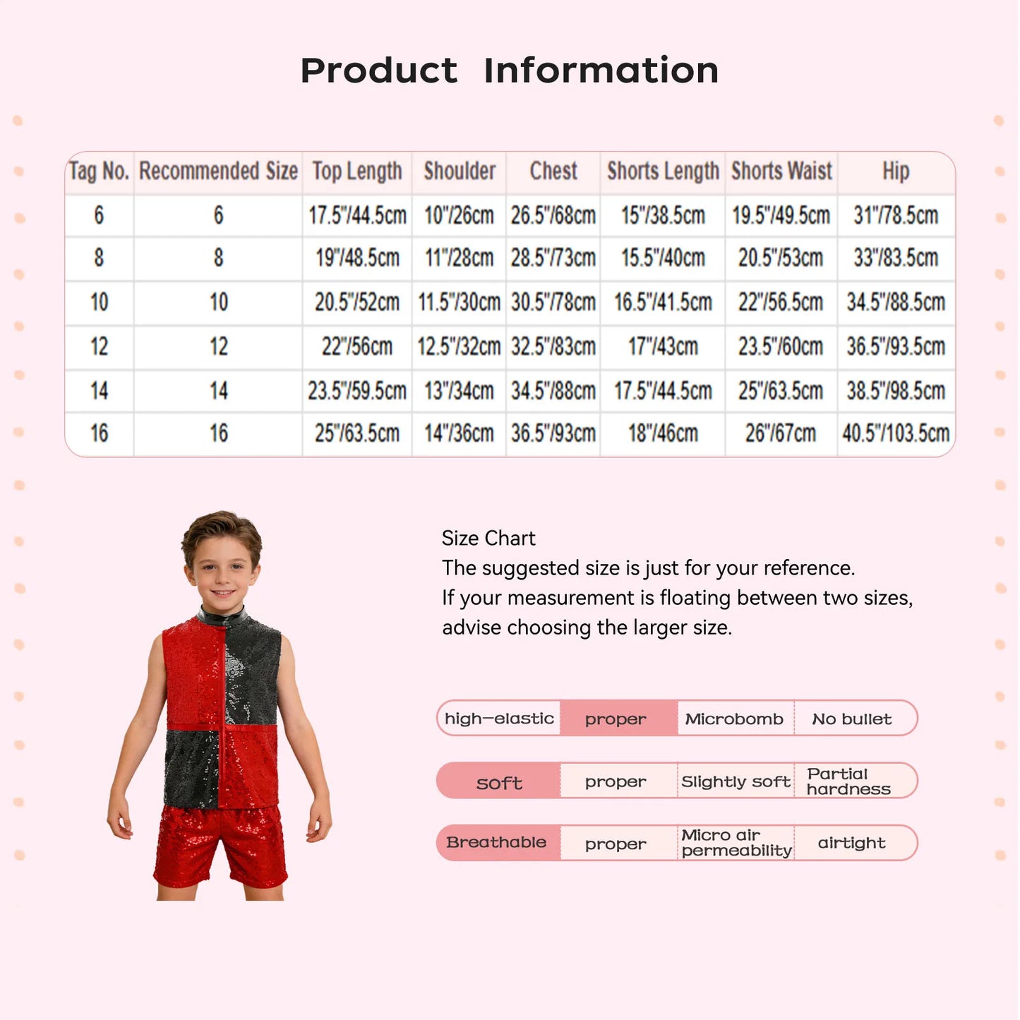 Kids boys hip hop jazz dance outfit in red and black sequins with color block design and invisible zipper for dance performances