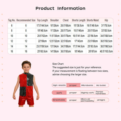 Kids boys hip hop jazz dance outfit in red and black sequins with color block design and invisible zipper for dance performances