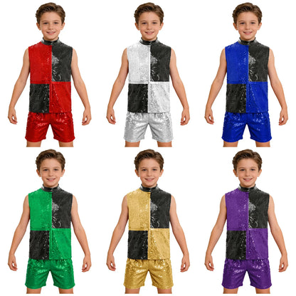 Kids boys hip hop jazz dance outfit with shiny sequins color block vest and shorts featuring invisible zipper for dance performances