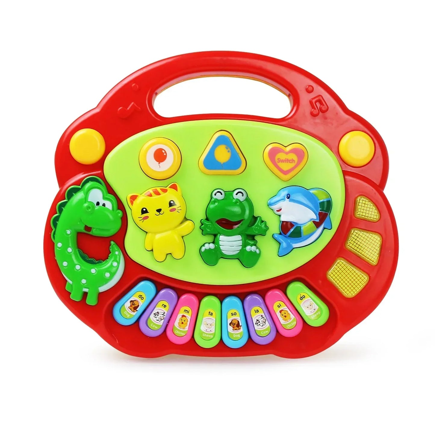 Red plastic kids cartoon piano keyboard with colorful animal buttons green center panel flashing light music instrument toys