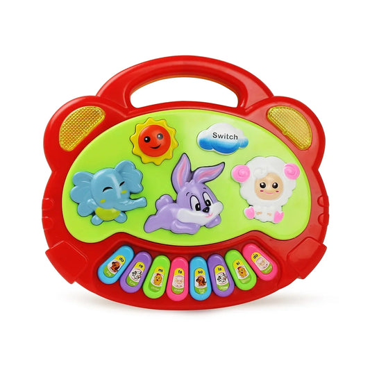 Red plastic kids cartoon piano with colorful animal buttons handle and flashing light music instrument music toys