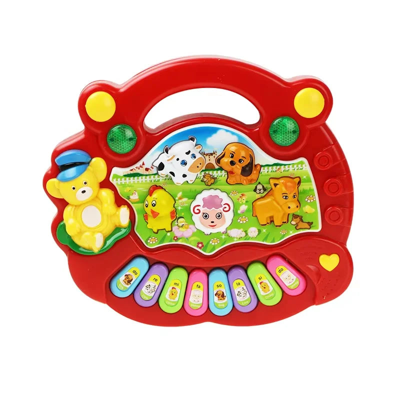 Red plastic kids cartoon piano with colorful animal keys and flashing light music for educational instrument music toys
