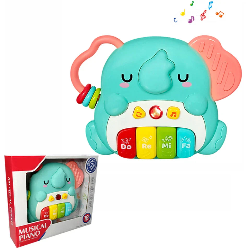 Cute turquoise elephant kids cartoon piano with pink ears rainbow keys and flashing light music instrument toys