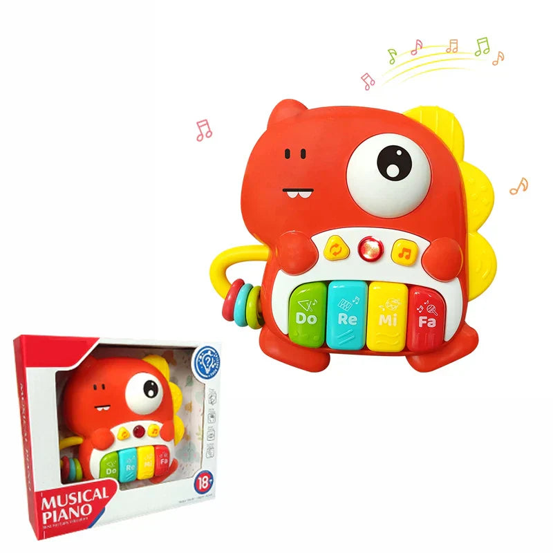 Red dinosaur-shaped kids cartoon piano with colorful labeled keys and flashing light music instrument music toys
