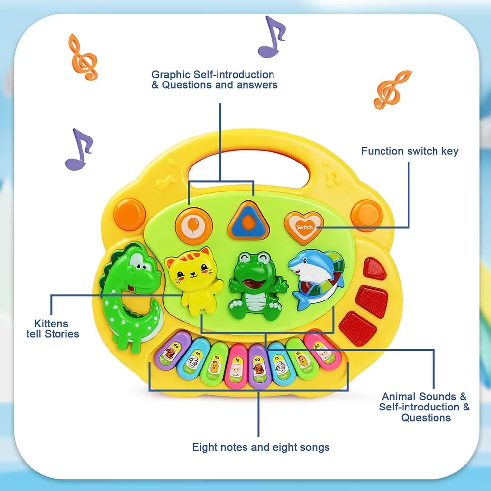 Bright yellow and green kids cartoon piano with colorful animal buttons flashing light music and rainbow keys toy