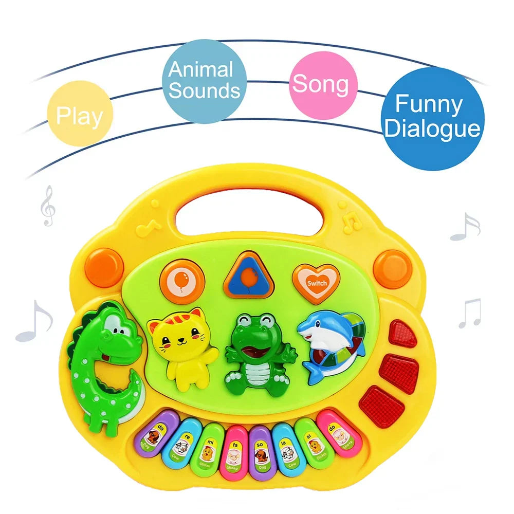 Bright yellow and green kids cartoon piano with flashing light music and animal sound buttons for educational instrument music toys