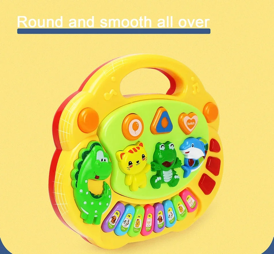 Bright yellow kids cartoon piano made of plastic with colorful animal figures and flashing light music instrument toys