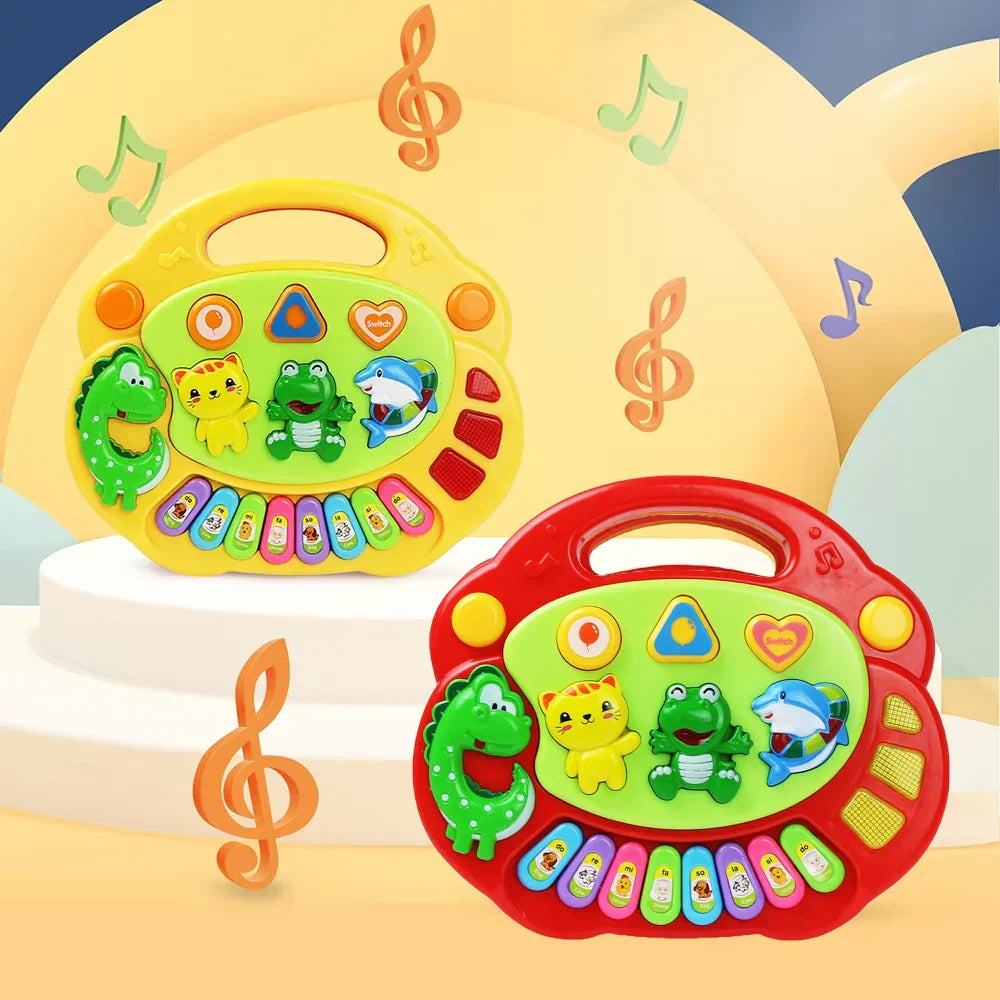 Brightly colored kids cartoon piano keyboards in yellow and red with flashing light music and animal sounds for children