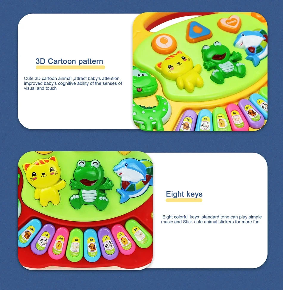 Brightly colored kids cartoon piano with eight colorful keys and 3d animal figures featuring flashing light music and instrument music toys